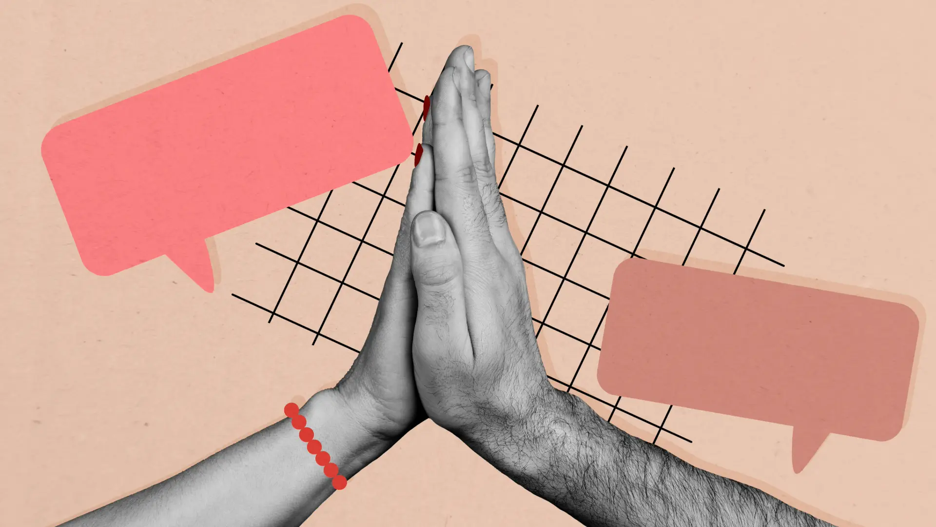 choque de manos e iconos de diálogo que simbolizan organización escape room para aniversario corporativo